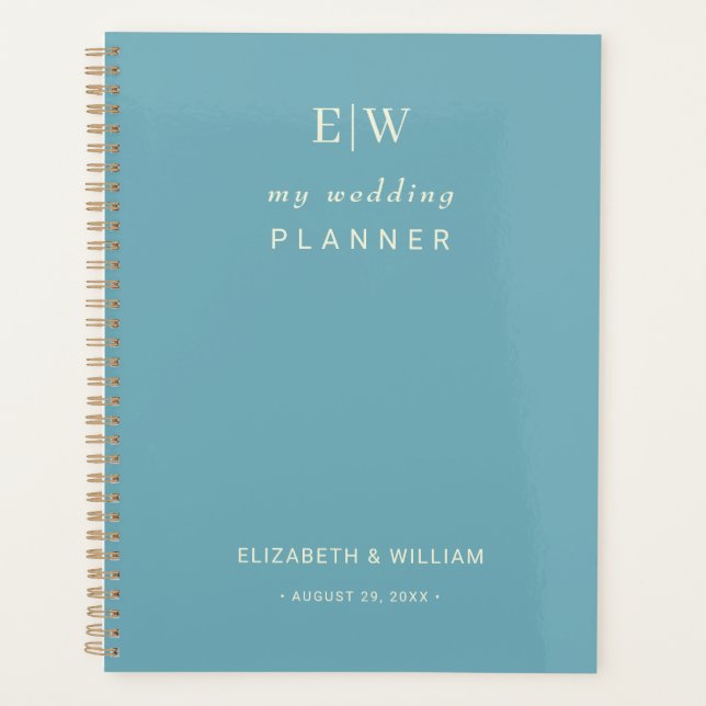 Agenda Azul Retro Simples Elegante com Casamento Monogram (Frente)