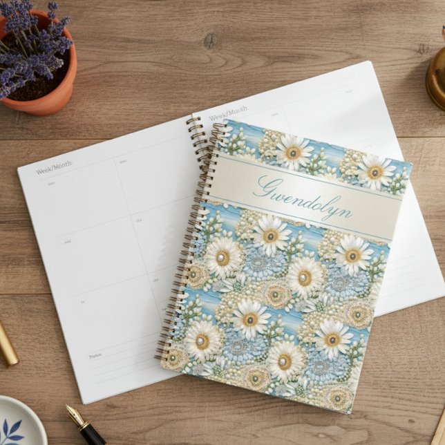 Agenda Azul Satin Daisy & Pearls 3D (Criador carregado)