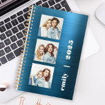 Agenda Azul Teal Azul Com 3 Fotografias Personalizado, Br<br><div class="desc">Personalize facilmente este planejador moderno substituindo as três imagens de exemplo por suas fotos quadradas favoritas. Adicione o seu nome ou as iniciais do monograma e o ano,  em tipografia branca e crocante,  num fundo de metal esfregado azul lacrimejado.</div>