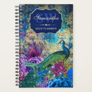 Agenda Azul Vintage, Roxo e floral dourado do Pavão
