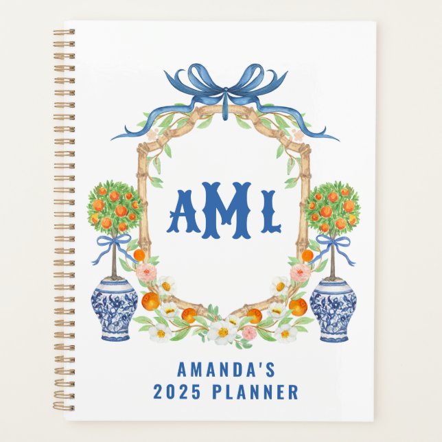 Agenda Bambu & Orange Topiary Crest | Monograma com 3 let (Frente)