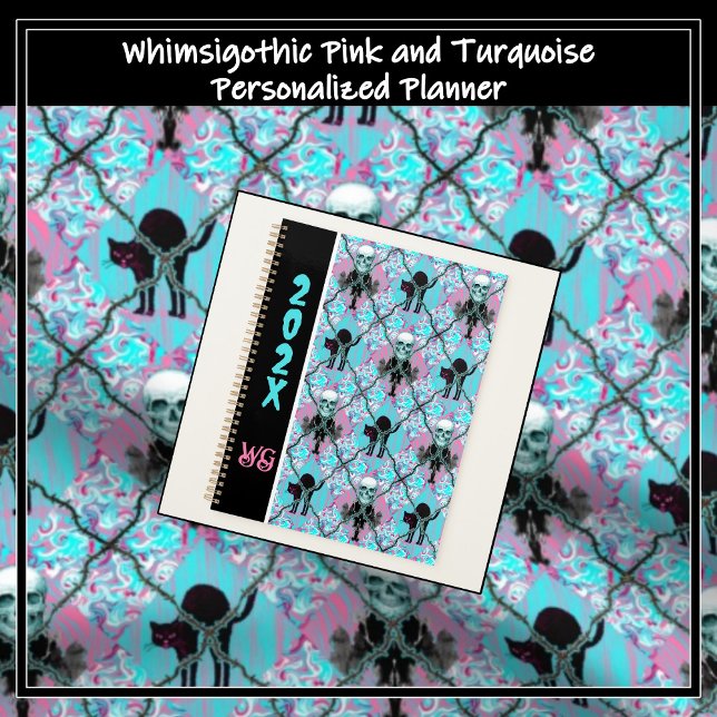 Agenda Barbed Wire Argyle Rosa e Turquesa Whimsigothic (Whimsigothic black cats, skulls, ink blots, barbed wire on pink and turquoise argyle.)