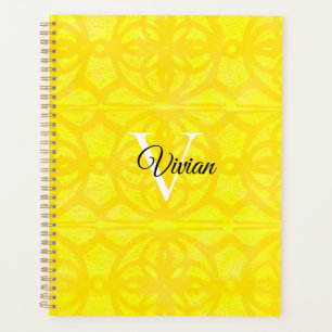 Agenda Batik Elegante Amarelo Brilhante Monograma Planeja