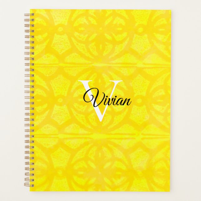 Agenda Batik Elegante Amarelo Brilhante Monograma Planeja (Frente)