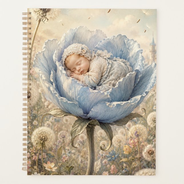 Agenda Bebê dormindo em flor azul  (Frente)