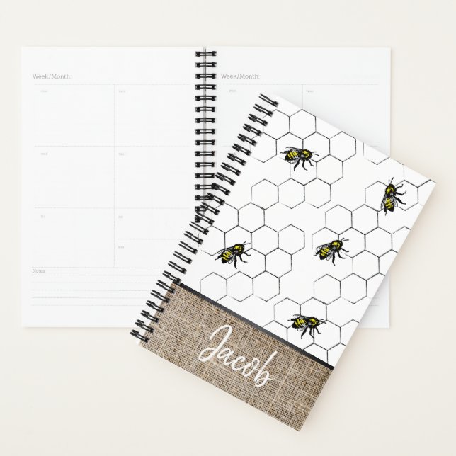 Agenda Bee e Honeycomb Faux Burlap | Monograma (Exibição)