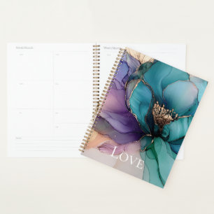 Agenda Belo Amor Floral em Azul Água, Roxo e Dourado