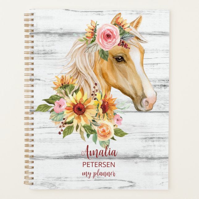 Agenda Belo cavalo Palomino com flores de sol (Frente)
