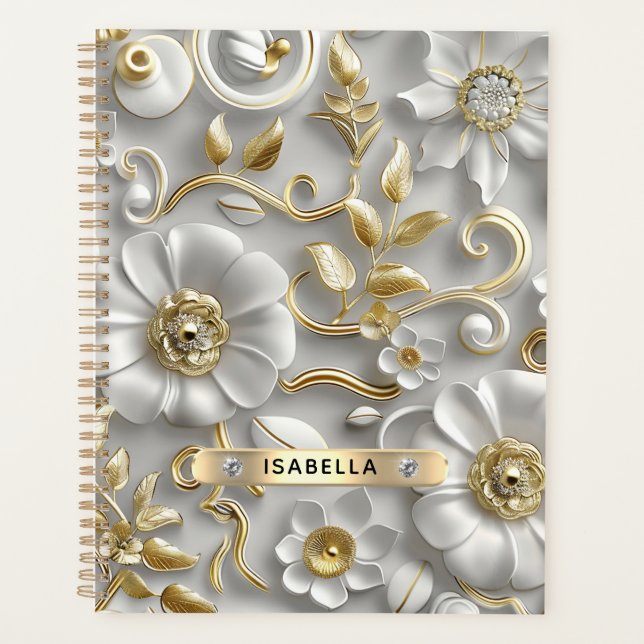 Agenda Belo Nome Personalizado Floral 3D Branco E Dourado (Frente)
