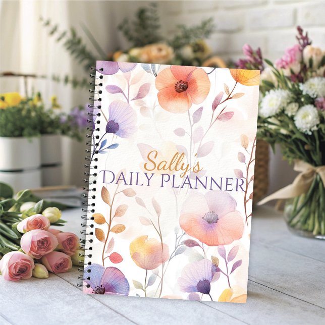 Agenda Belos Bloom de Aquarela Suave (Watercolor floral daily planner with soft lavender and peach blooms.)