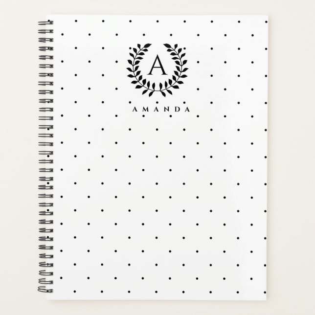 Agenda Black And White Laurel Monogram Polka Dot Pattern (Frente)