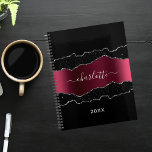 Agenda Black burgundy silver agate marble glitter 2023<br><div class="desc">Black,  burgundy and faux silver,  agate,  marble stone print as background. Personalize and add your name and a year. The name is written with a modern hand lettered style script.</div>