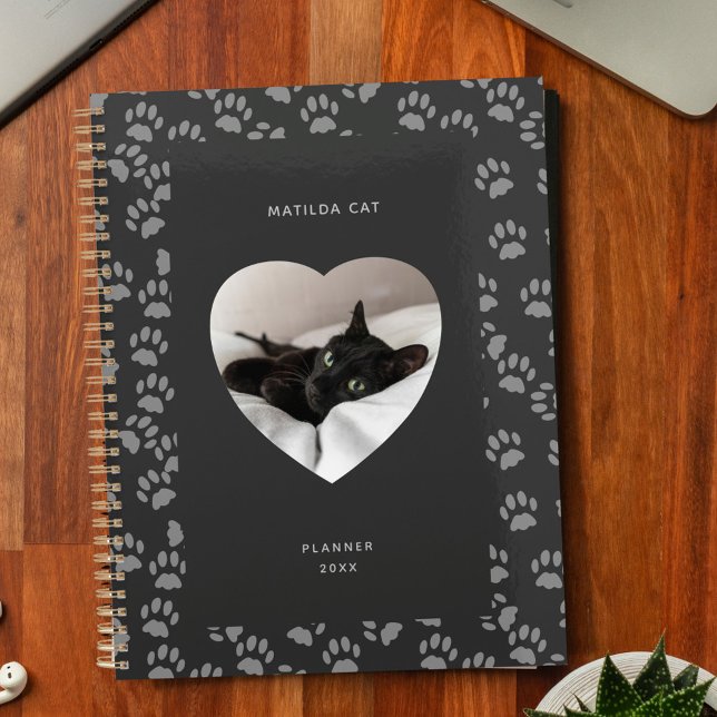 Agenda Black Cat Photo Heart Gray Paw Prints  (Purrrfect for cat lovers! Just upload your favorite photo and add your name (or black cat's) )