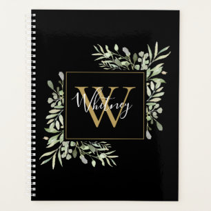 Agenda Black Gold Script Monograma Folhagem Floral