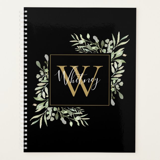Agenda Black Gold Script Monograma Folhagem Floral (Frente)