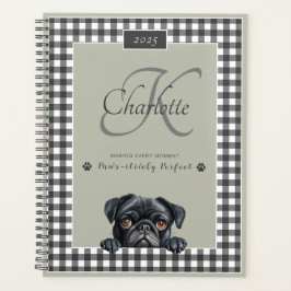 Agenda Black Pug Sage Green Gingham Nome Personalizado Mo