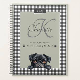 Agenda Black Pug Sage Green Gingham Nome Personalizado Mo