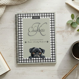 Agenda Black Pug Sage Green Gingham Nome Personalizado Mo