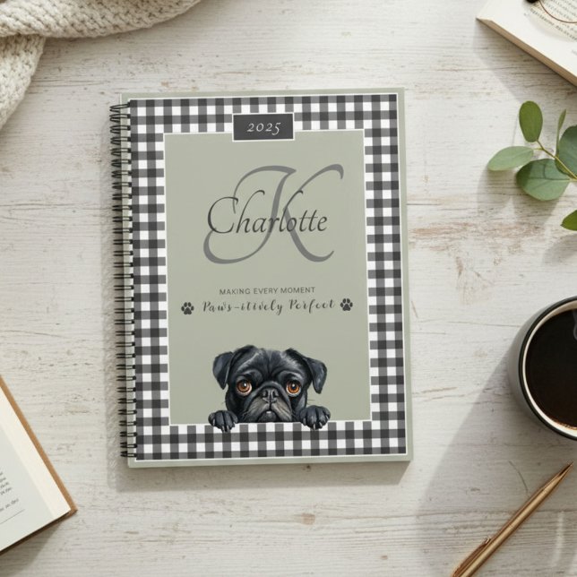 Agenda Black Pug Sage Green Gingham Nome Personalizado Mo (Criador carregado)