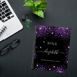 Agenda Black purple glitter dust name script 2023<br><div class="desc">Black background, white text. Decorated with purple faux glitter dust. Personalize and add a year, your first name and a title. The name is written with a modern hand lettered style script with swashes. To keep the swashes only delete the sample name, leave the spaces or emoji's in front and...</div>