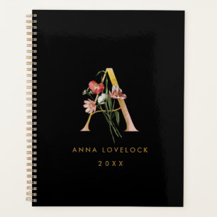 Agenda Black Vintage Floral & Dourado Monograma - Letra A