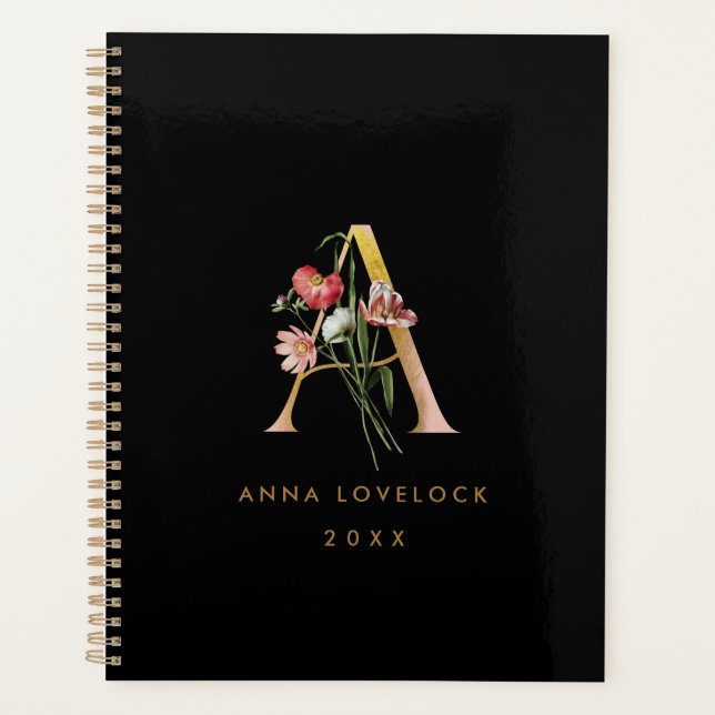 Agenda Black Vintage Floral & Dourado Monograma - Letra A (Frente)