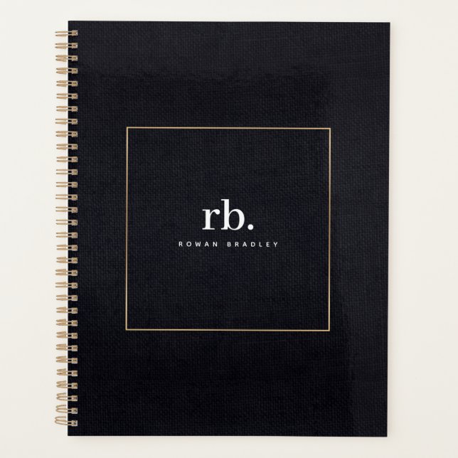 Agenda Black White Gold Fabric Effect Elegant Monogram (Frente)