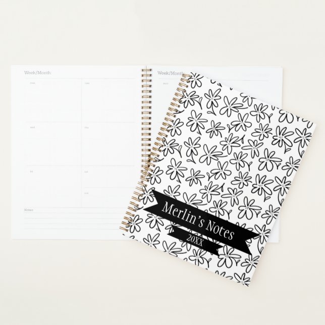Agenda Black & White Seamless Floral Year Planner (Exibição)