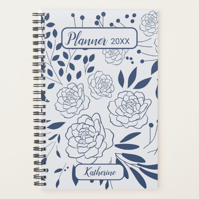 Agenda Blue Floral Monochrome Name And Year (Frente)