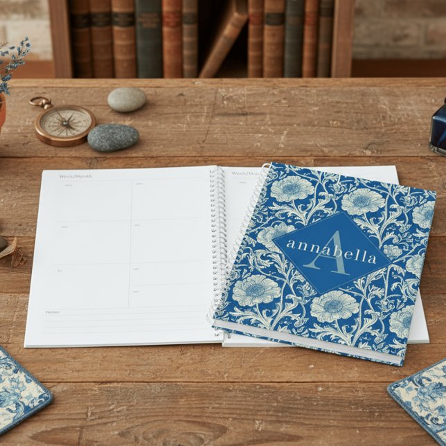 Agenda Blue Floral William Morris Elegant Monogram (Criador carregado)