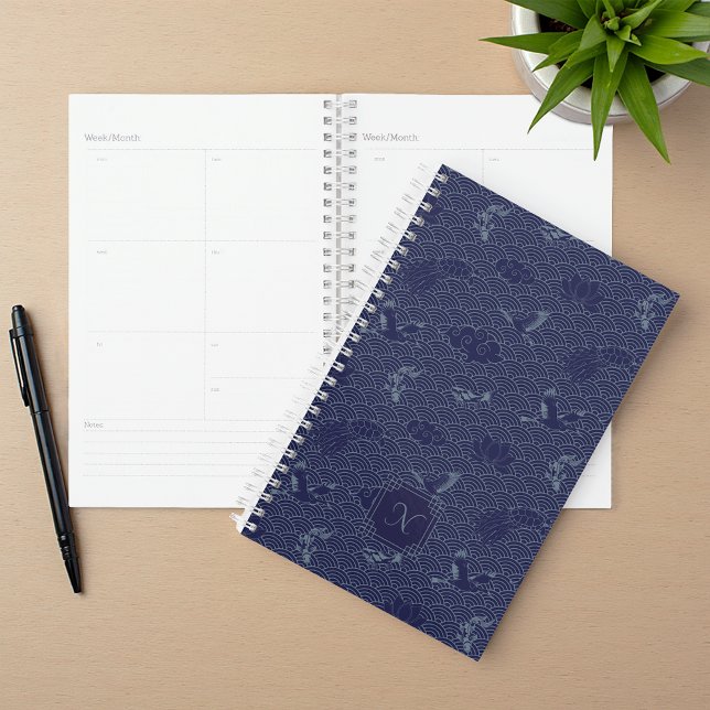 Agenda Blue Traditional Japanese Wave Seigaiha Monogram (Criador carregado)