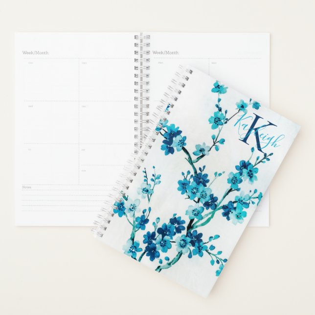 Agenda Blue Watercolor Blooms | Monograma (Exibição)