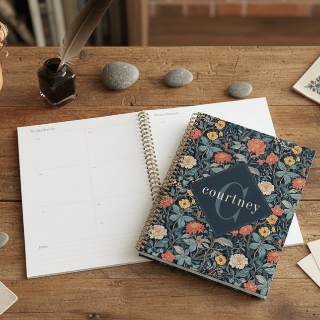 Agenda Blue William Morris Floral Elegant Monogram  (Criador carregado)