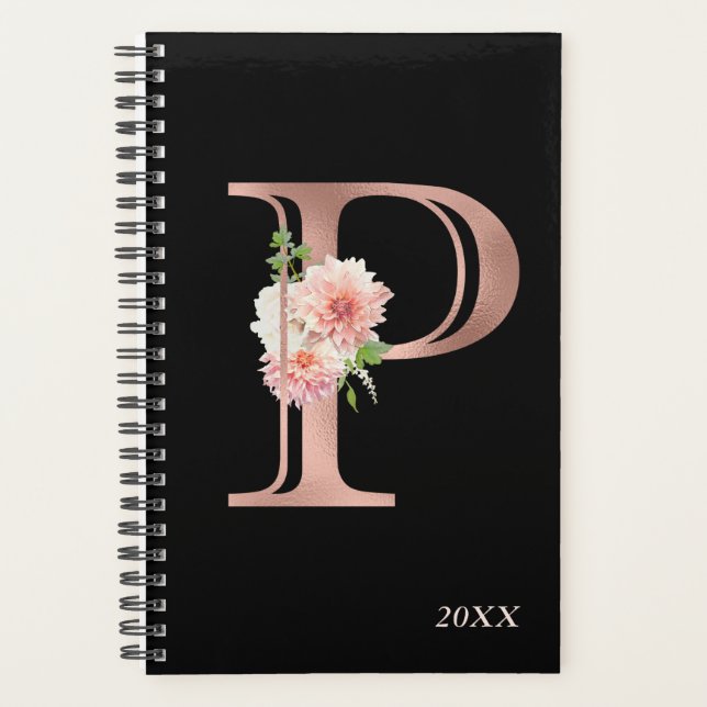 Agenda Blush de Rosa Dourado Floral Monograma Anual Letra (Frente)