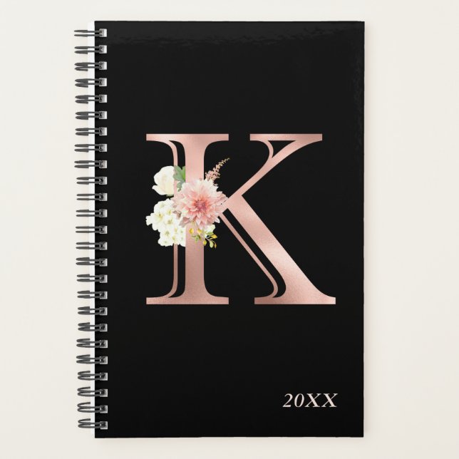 Agenda Blush Floral Dourado Rosa Monograma Anual Letra K (Frente)