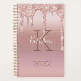Agenda Blush Rosa Brilho Monograma Dourado Tendência