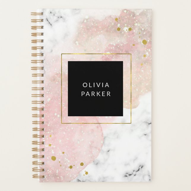 Agenda Blush Watercolor | Mármore branco e Faux Dourado (Frente)