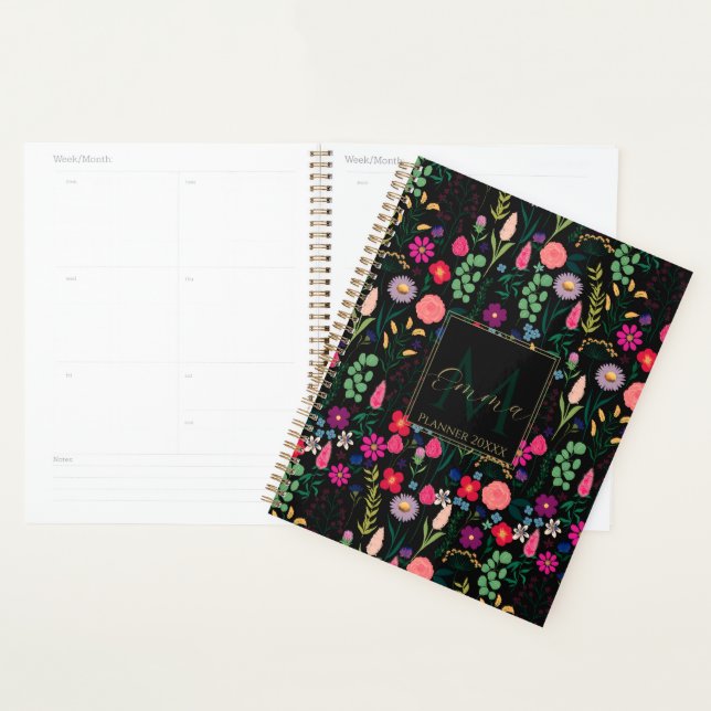 Agenda Boho Botânico Flores de Aquarela Pretas (Exibição)