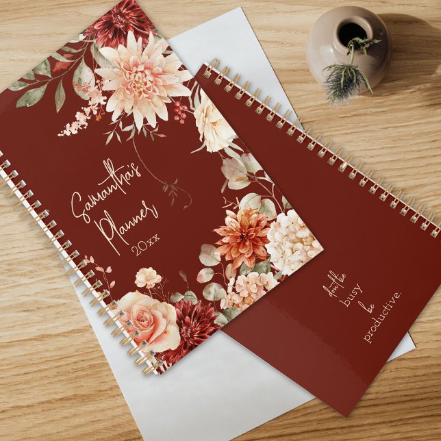 Agenda Boho Chic Floral Cores de Queda Botânica (Beautiful mixed floral planner in spicy fall colors.  Monthly and weekly views for one year.)