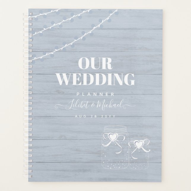 Agenda BoHO Dusty Blue Driftwood Casamento Mason Jars (Frente)