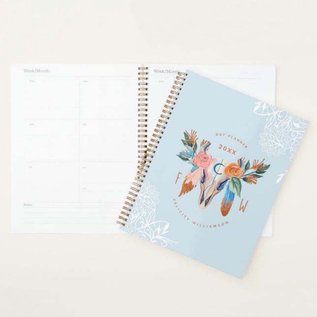 Agenda Boho Florals & Feather Blue & White Lace (Exibição)