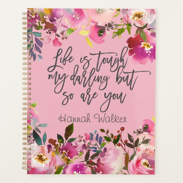 Agenda Boho Pink Floral Life é Duro, citações da vida (Frente)