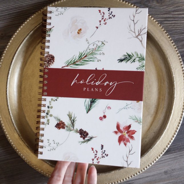 Agenda Boho Poinsettia Pine Holly Feriado de Natal (Boho Christmas Planner - Poinsettia, Pine, Pinecones, Burgundy Woodsy Holiday)