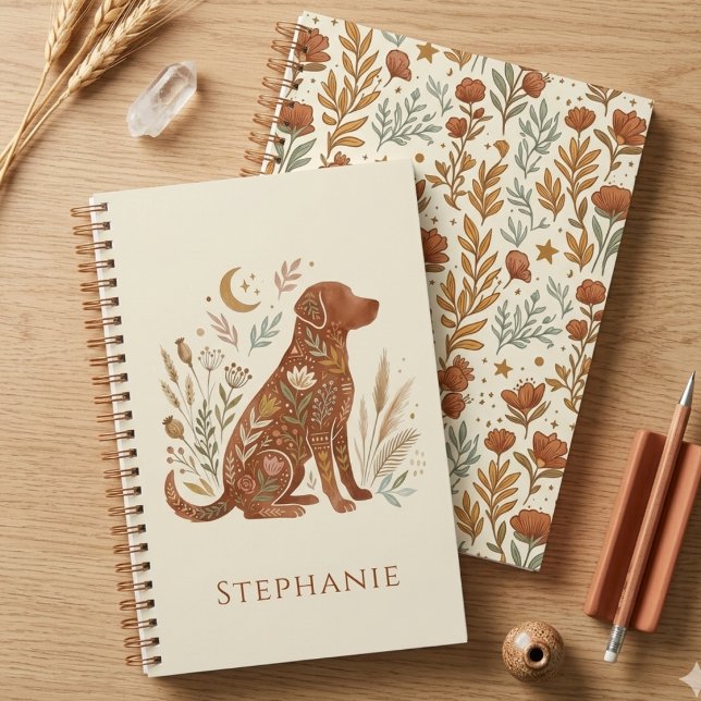Agenda Boho Silhueta Floral Canina Botânica Terrosa (Boho botanical dog silhouette notebook for the dog mom — a unique holiday gift idea.)