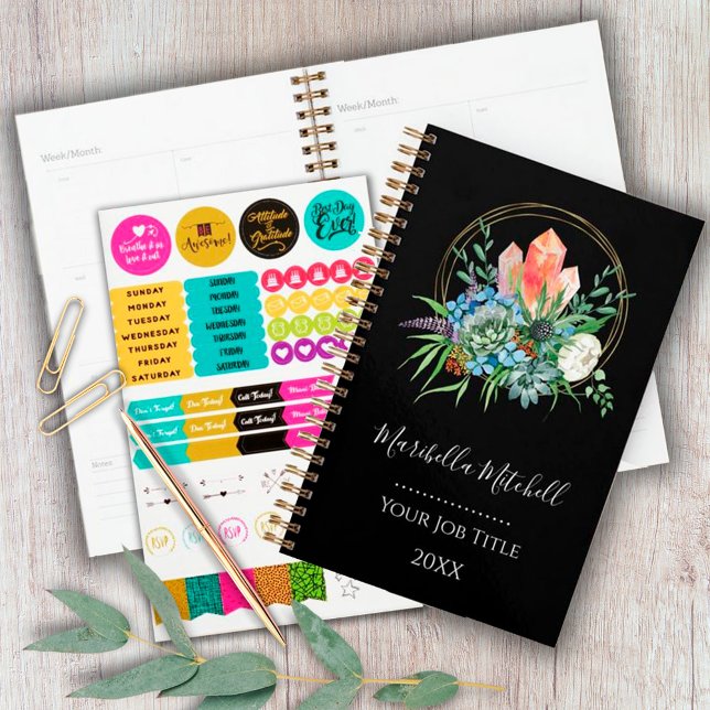 Agenda Boho Succulent Flowers Buquê Crystals Watercolor (Criador carregado)