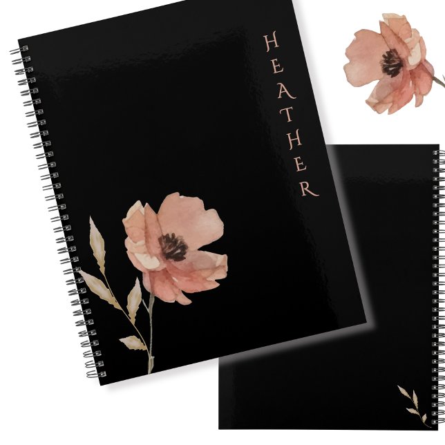 Agenda Boho Wildflower Personalized Black Gift for Her (Criador carregado)