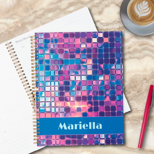 Agenda Bola de Disco Azul e Roxo do Groovy Personalizada (groovy blue and purple disco ball personalized undated planner)