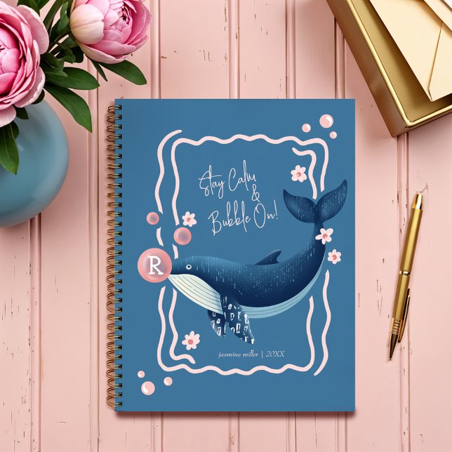 Agenda Bolhas de Goma Rosa Cor-de-Rosa Azul-ondulada (Fun Retro Wavy Blue Whale Pink Gum Bubbles Planner)