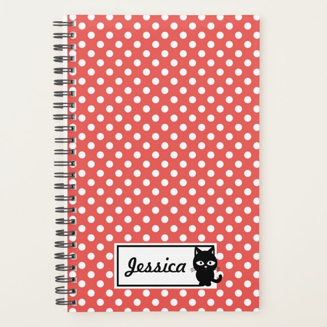 Agenda Bolinhas Vermelha e Gato Preto Personalizado (Frente)