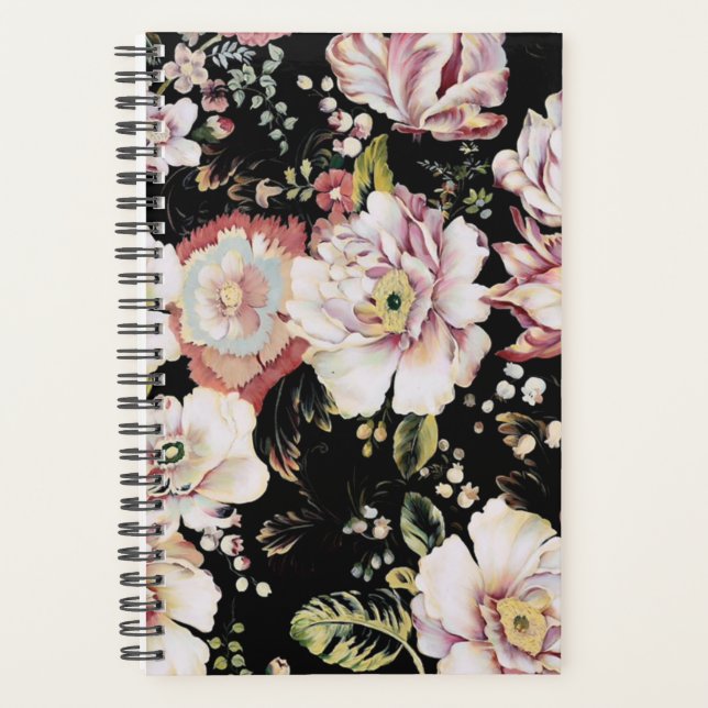 Agenda bonito e elegante floral preto-rosa-chic (Frente)